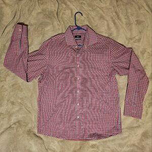 Hugo Boss Long Sleeve Button Down Dress Shirt Red/White/Blue Plaid 44" 17 1/2"